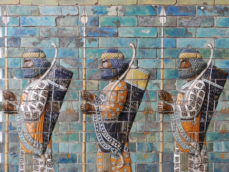 Ancient ceramic mural detail of The Persian Archers of King Darius