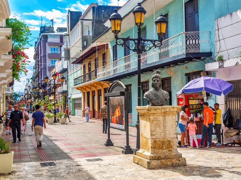 Statue of Bartholomew Columbus on Calle el Conde street in the colonial city center of Santo Domingo, Dominican Republic