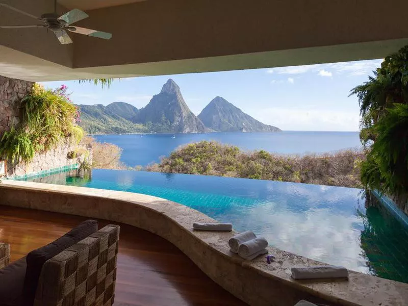 View of St. Lucian Twin Pitons from Jade Mountain