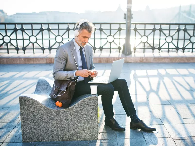 Businessman with laptop in Budapest