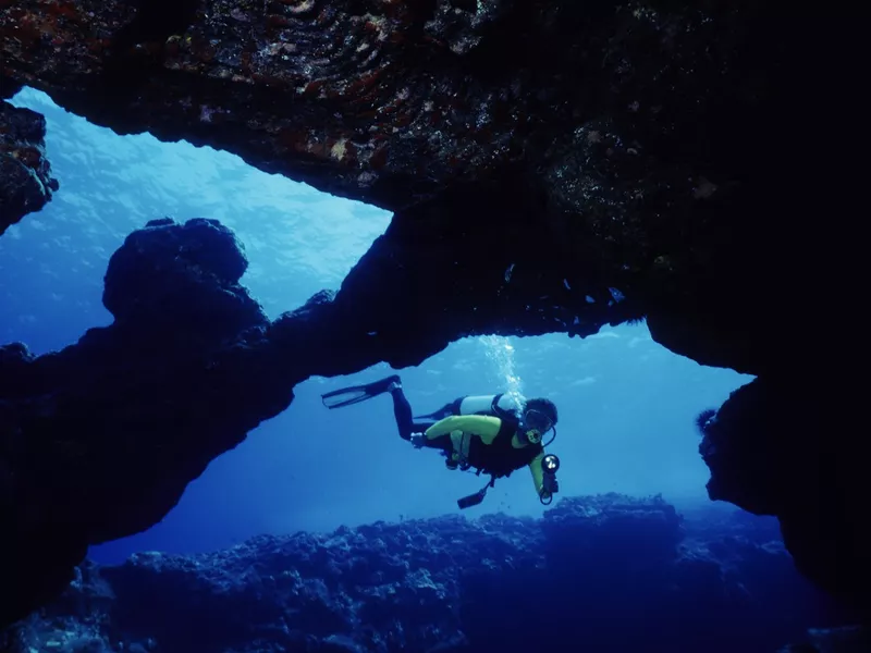 Diver in underwater cave