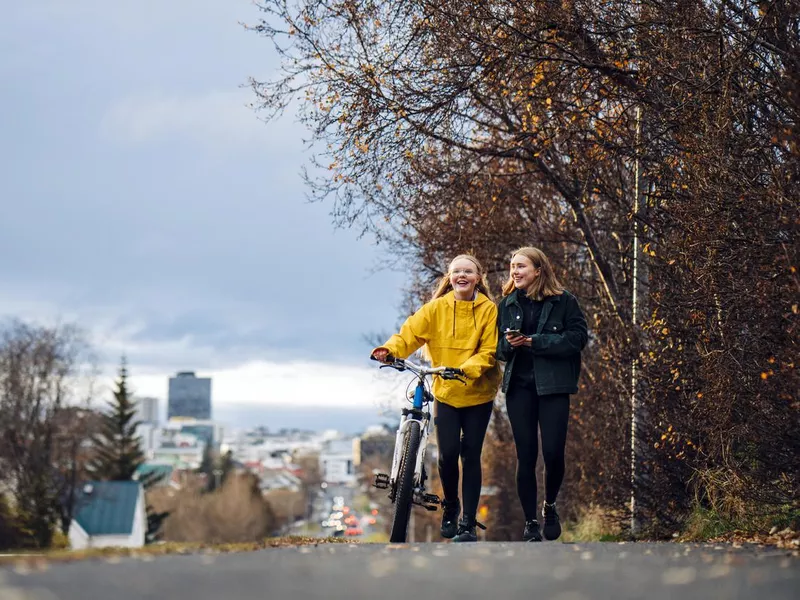 Girls with a bicycle walking on the road