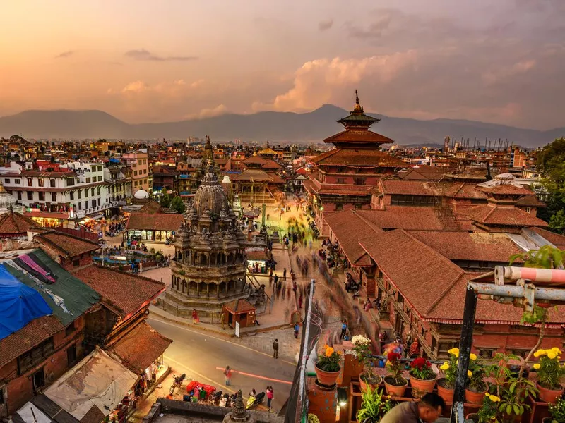 Sunset over Patan Durbar Square in Kathmandu, Nepal