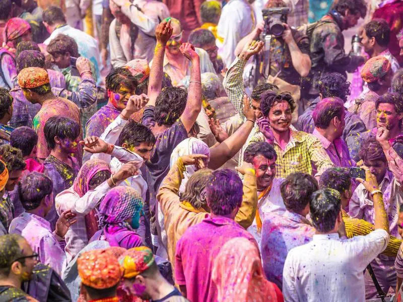 Crowd at the Barsana Temple, celebrating Holi Day