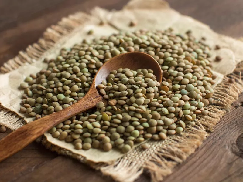 Green lentils with a spoon