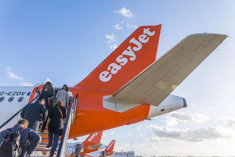 Passengers board Easyjet airplane