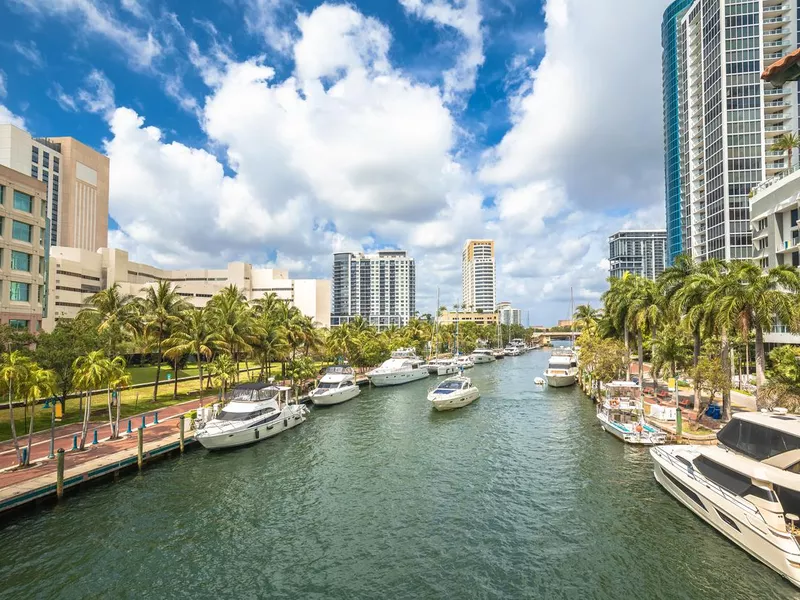 Fort Lauderdale riverwalk and yachts view, south Florida