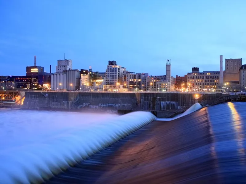 Water rushing through lock and dam in St. Anthony