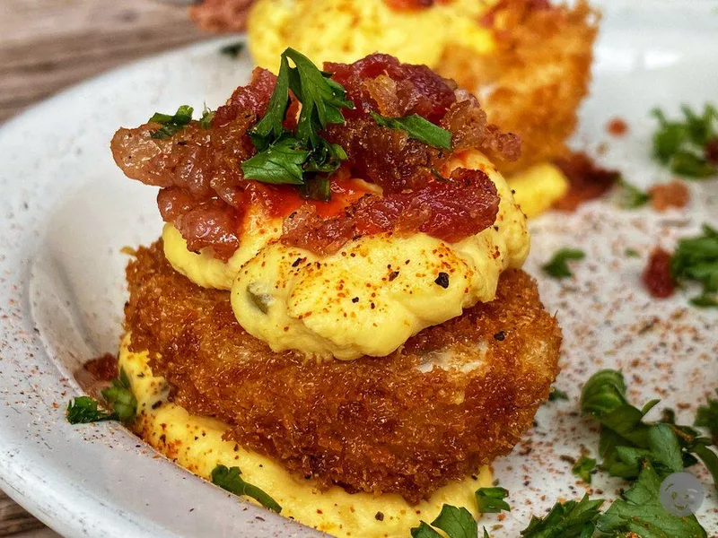 Poached deviled eggs from Old Lady Gang