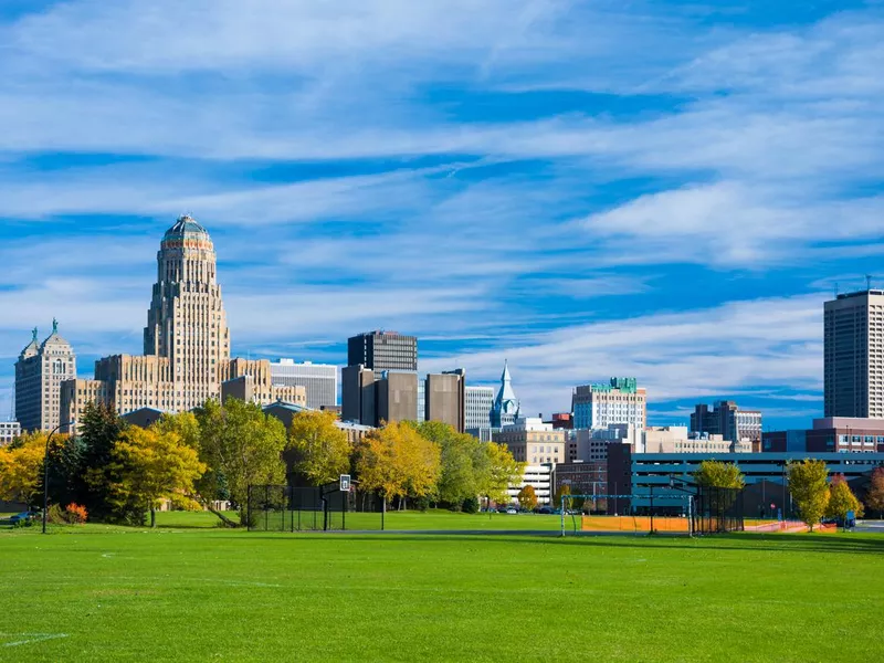 Buffalo skyline from a park with clouds