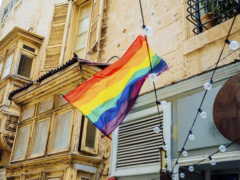 Rainbow flag on a building in Valletta, Malta