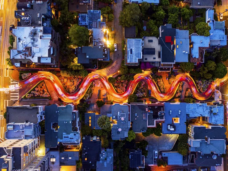 Aerial Long Exposure Lombard Street Traffic San Francisco