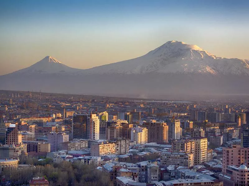 Yerevan, capital of Armenia in front of Mt. Ararat