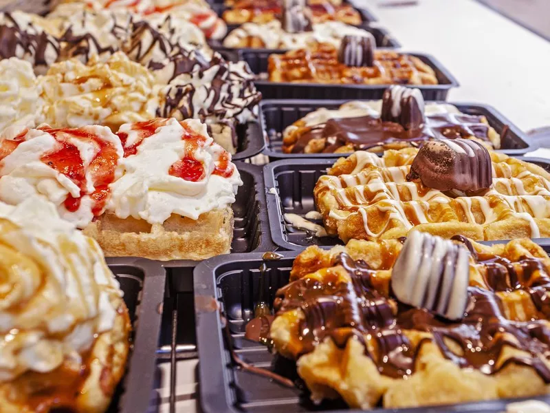 Belgian waffles in Brussels cafe market