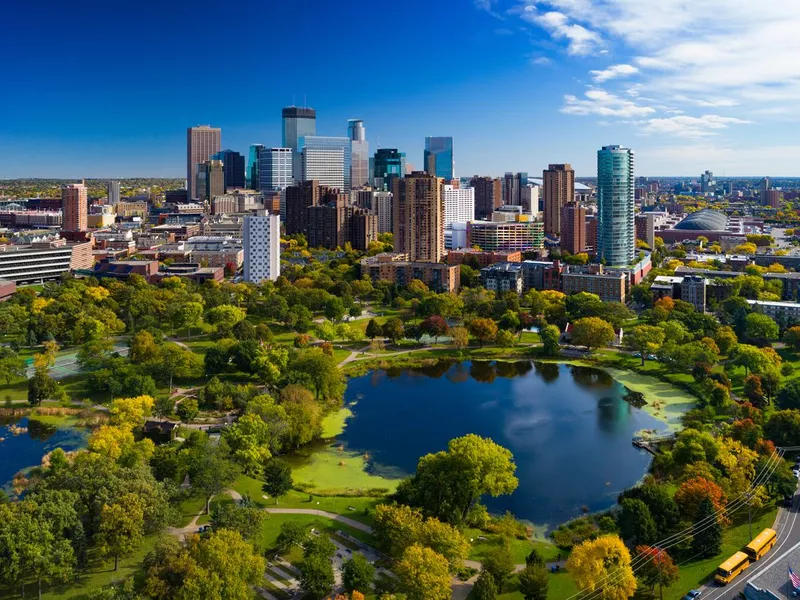 Minneapolis Skyline Aerial With Park And Lake