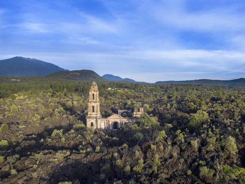 Michoacan church with Paricutin Volcano