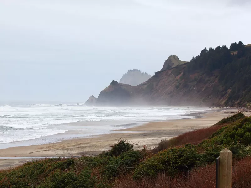 View of Oregon coast on a foggy morning