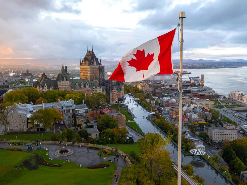 Canadian flag flying over Old Quebec City