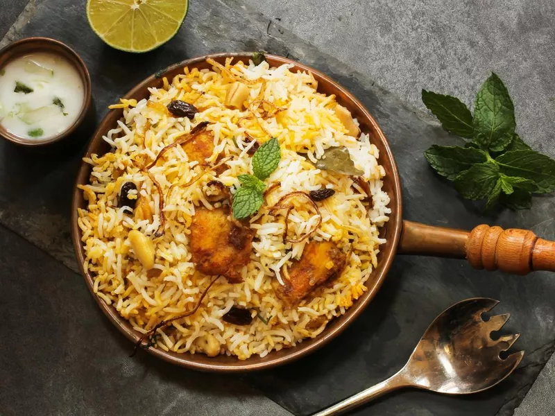 Fish Biryani with basmati rice Indian food