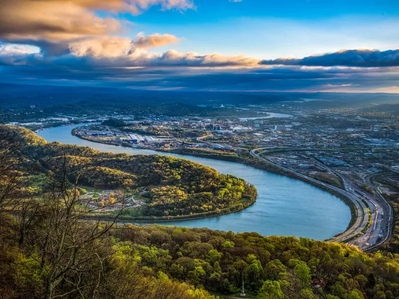 Drone Aerial View of Downtown Chattanooga Tennessee and Tennessee River