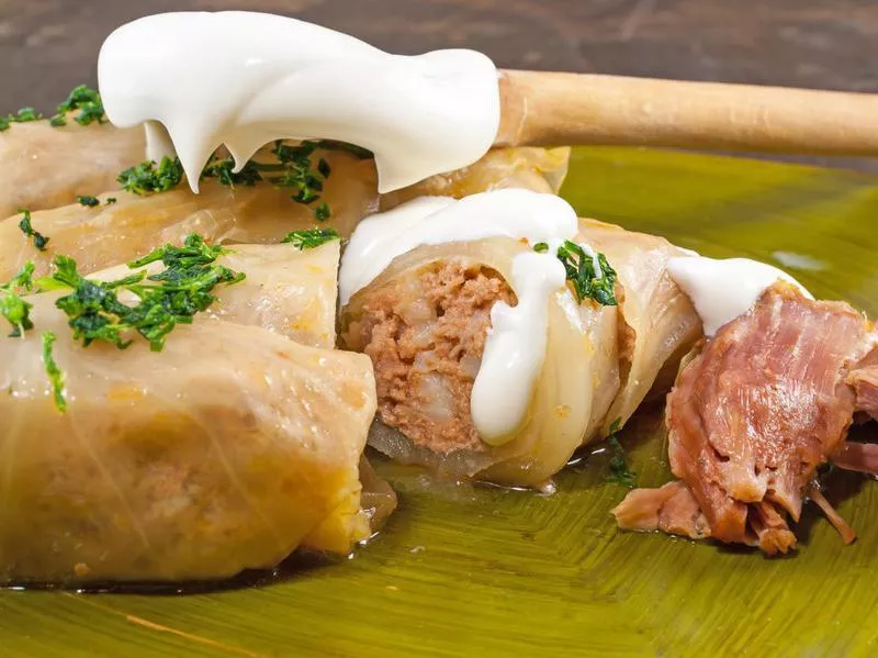 Meat rolls in vine leaves, traditional Romanian dish