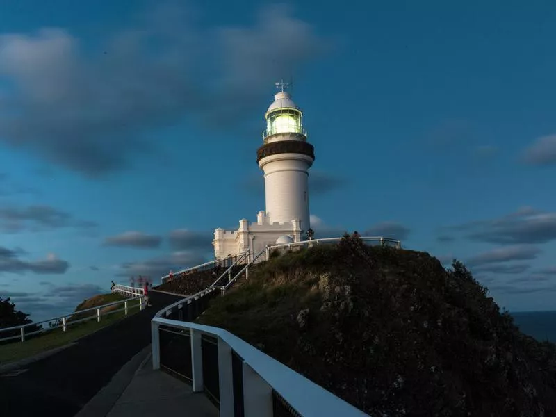 Bryon Bay lighthouse at night in New South Wales, Australia