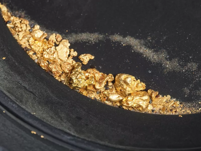 Gold nuggets and flakes in pan