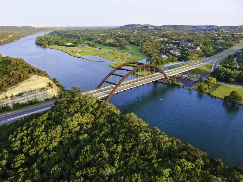 Pennybacker 360 bridge, Colorado River, Austin Texas, aerial panorama