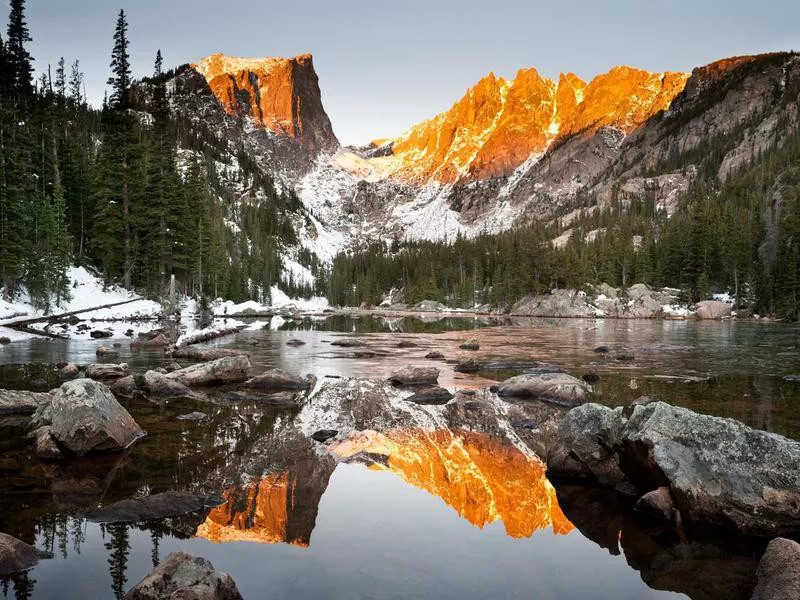 Dream Lake and Hallet Peak Alpenglow Reflection