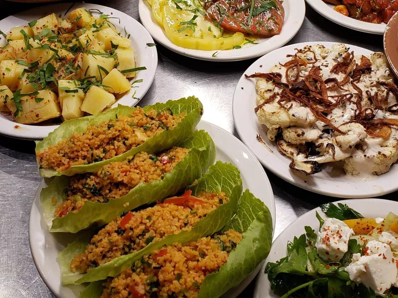 Lebanese mesez on table at Cafe Munir in Seattle