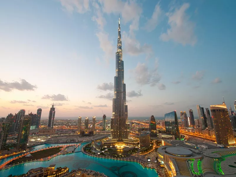 City lights in Dubai at sunset