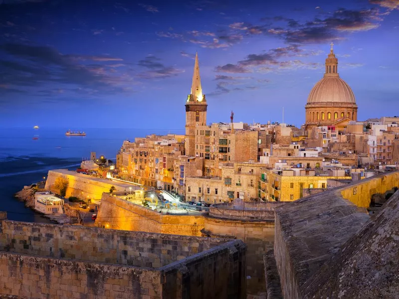 Night view of Valletta Old Town with Cathedral of Saint Paul