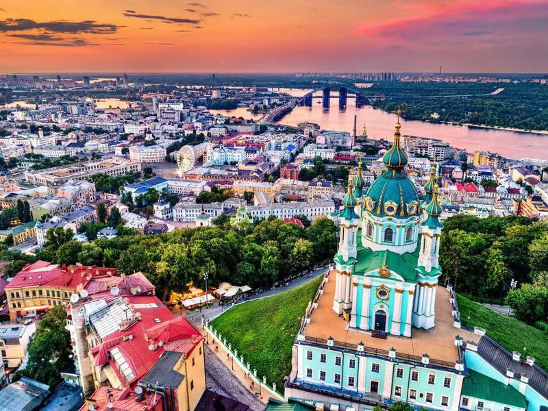 Saint Andrew church and Podil in Kiev, Ukraine