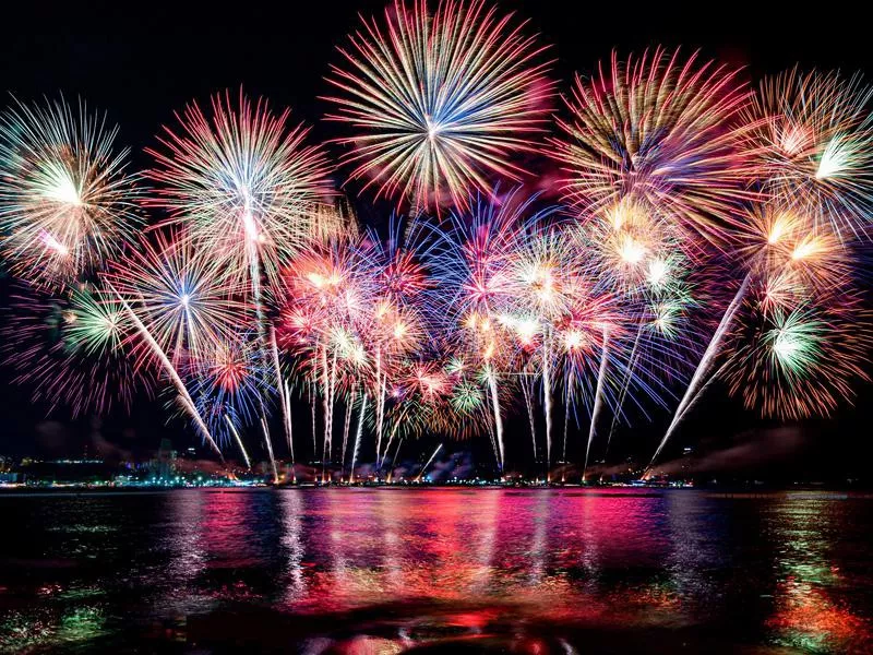 Firework display over sea