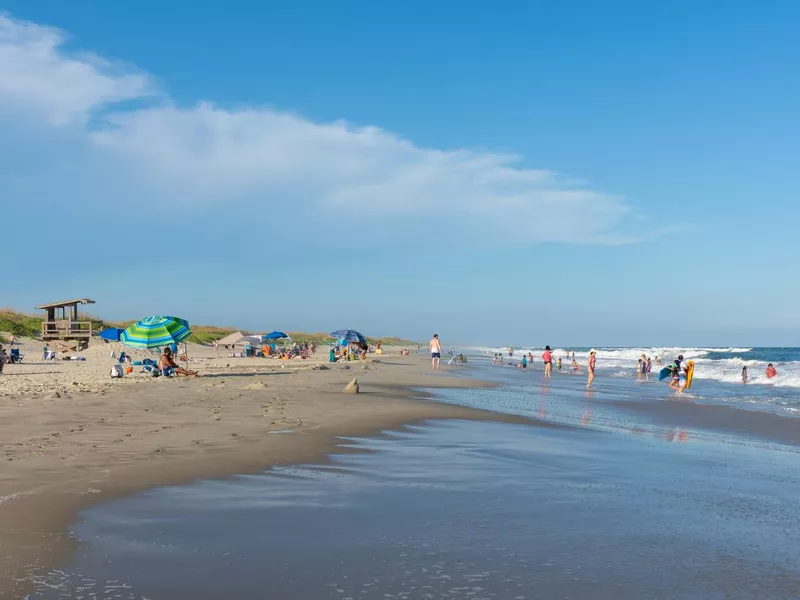 People on the lifeguarded beach on Ocracoke Island