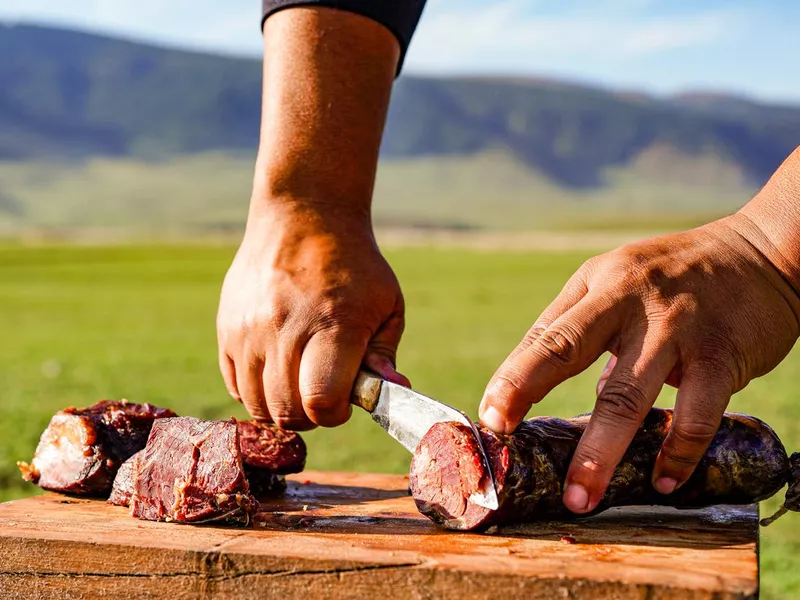 Horse meat and sausage cooked on the prairie