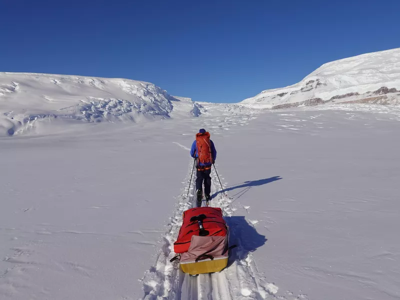 Treking through snow in Antarctica