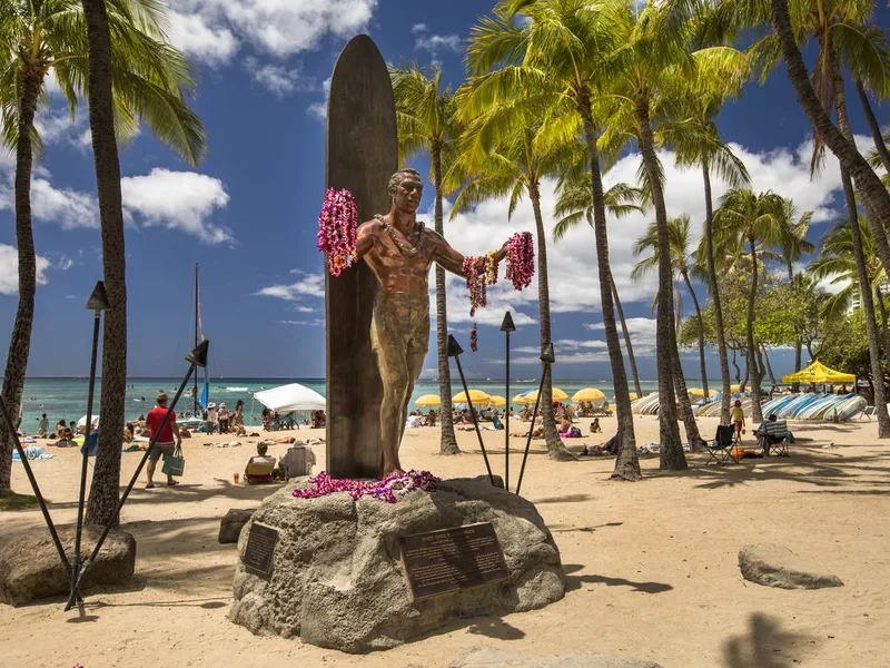 Duke Kahanamoku statue on Waikiki beach Hawaii