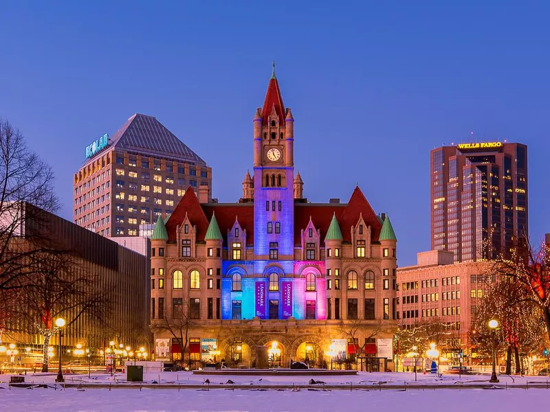 St Paul downtown skyline at sunset during Christmas