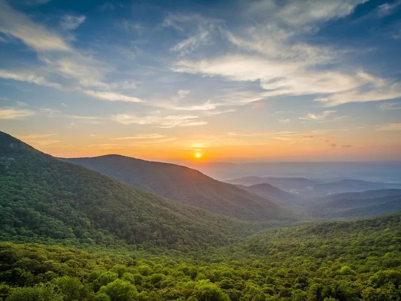 Sunset over the Shenandoah Valley and Blue Ridge Mountains from Crescent Rock, in Shenandoah National Park, Virginia