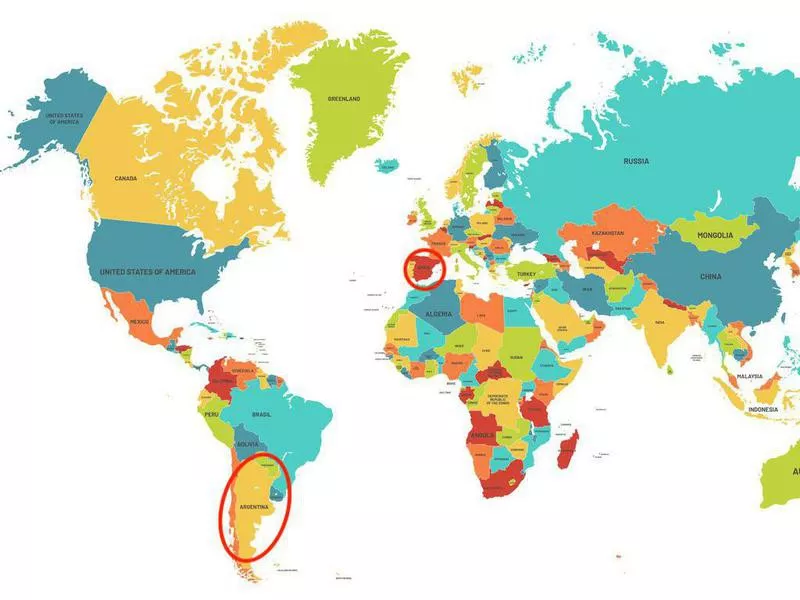 Colored world map with Spain and Argentina highlighted