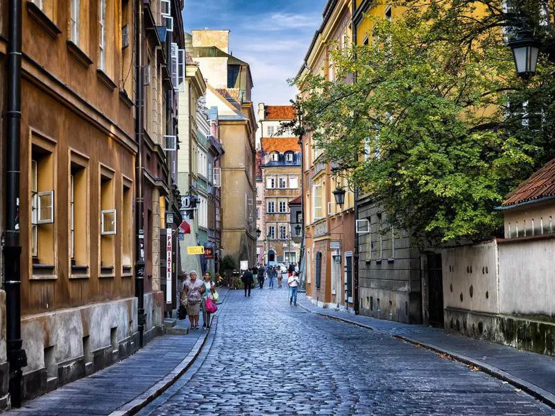 Autumn view of the Waski Dunaj street in Warsaw's Old Town, Poland