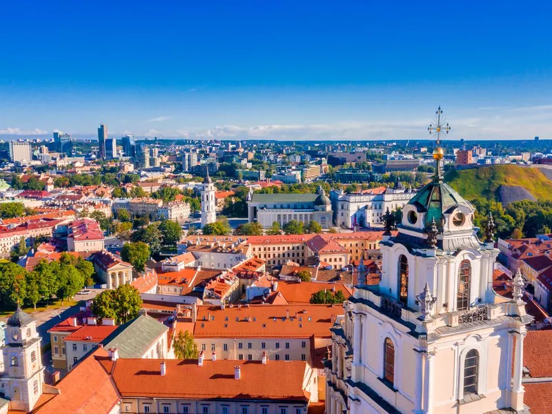 Sunny Aerial Vilnius Old Town aerial view scene