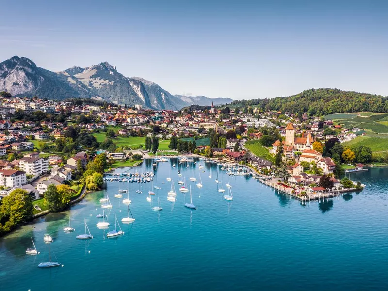 Spiez castle by lake Thun in Canton of Bern, Switzerland