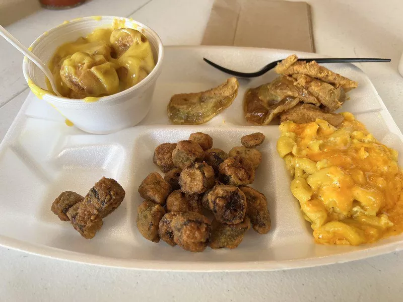 Fried okra, fried green tomatoes, Mac and cheese, banana pudding