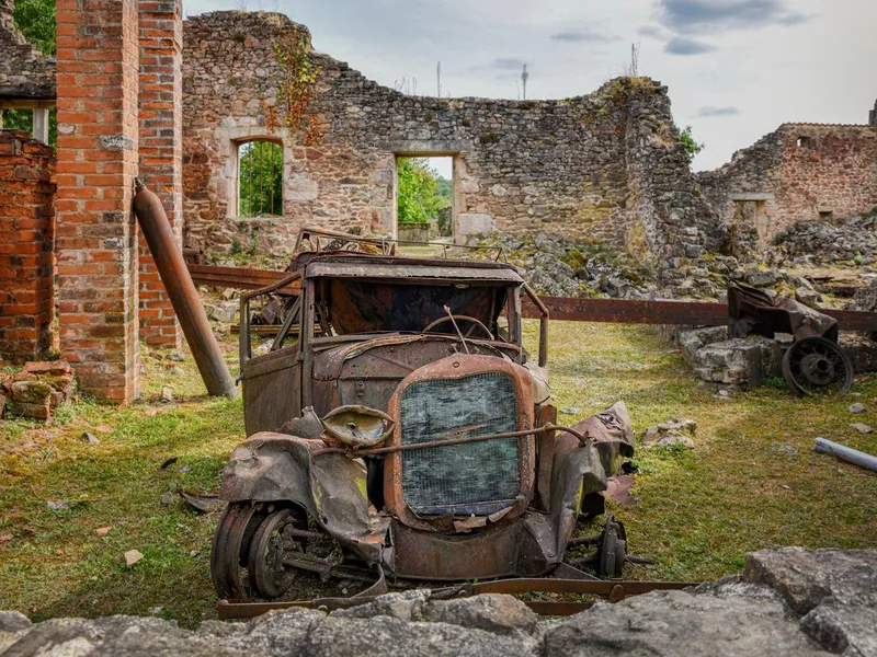 Destroyed cars during World War 2 in the city Oradour sur Glane France