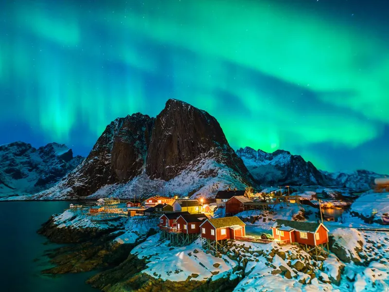 Aurora Borealis over Scandinavian village