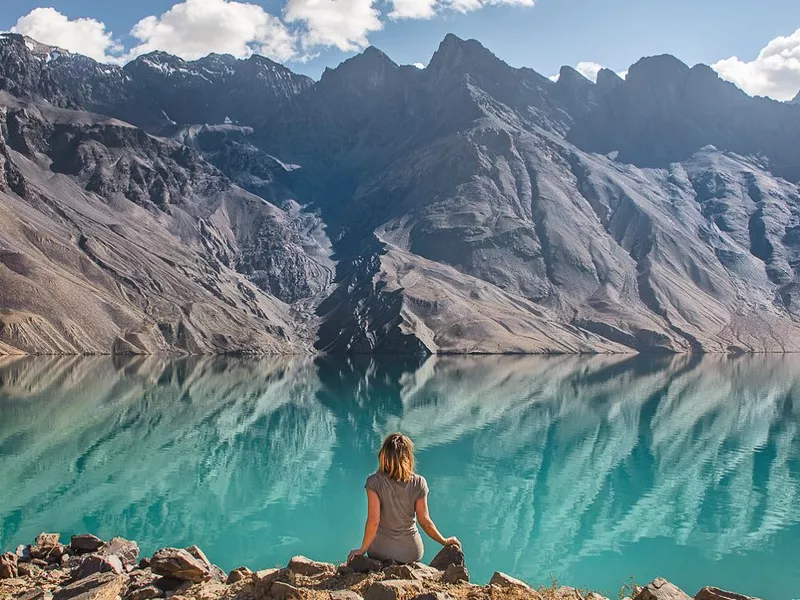 Traveler visiting Lake Sarez, Tajikistan