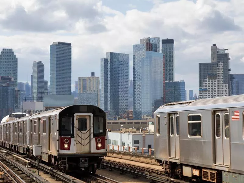 Two Subway Trains Speeding on Elevated Track in Queens, New York