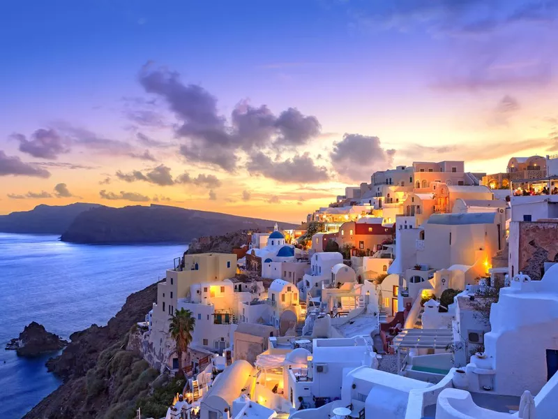 Santorini sunset at dawn village of Oia Greece